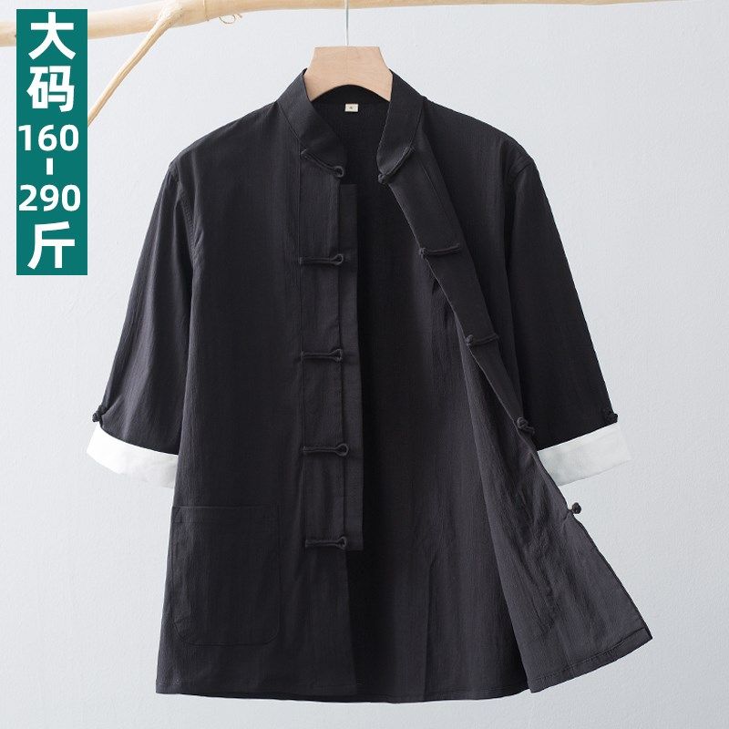 大码唐装男款夏季薄款加肥加大短袖七分袖上衣中国风男装盘扣衬衫