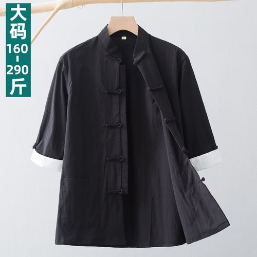 大码唐装男款夏季薄款加肥加大短袖七分袖上衣中国风男装盘扣衬衫