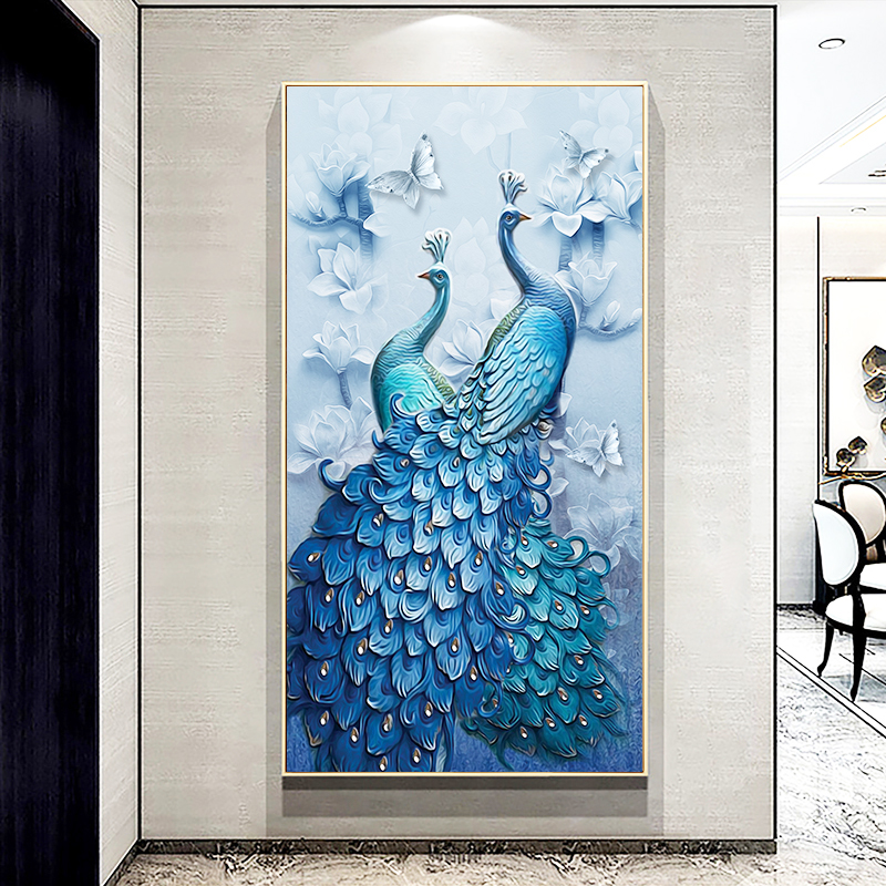 3d立体自粘墙贴画富贵孔雀装饰画玄关过道走廊背景墙壁画贴纸定制图片