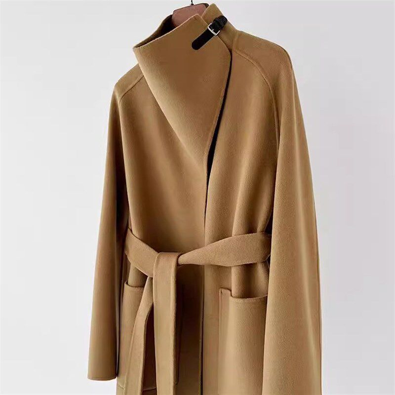 2024冬新款全羊毛双面呢斗篷大衣女系带收腰中长款高级感气质外套