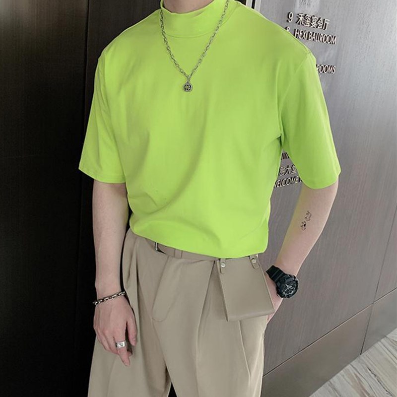 半高领t恤文艺范男生宽松短袖亲肤舒适中领打底衫发型师潮装上衣