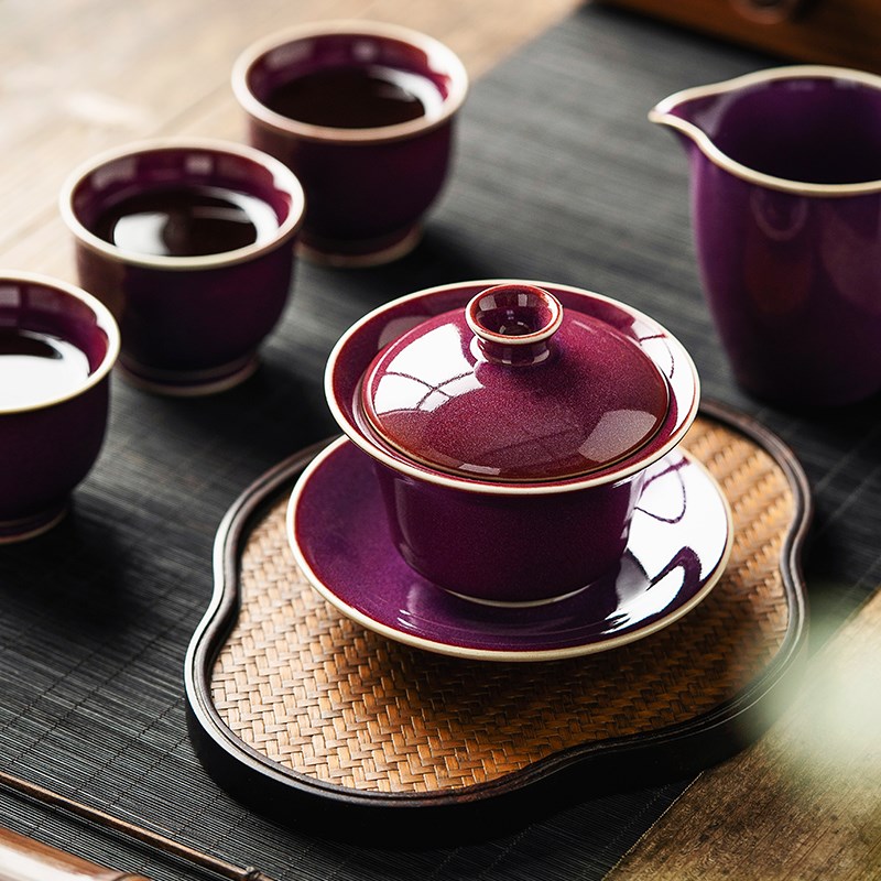 陶瓷三才盖碗茶杯窑变大号单个紫钧瓷高档功夫茶具家用带盖泡茶碗