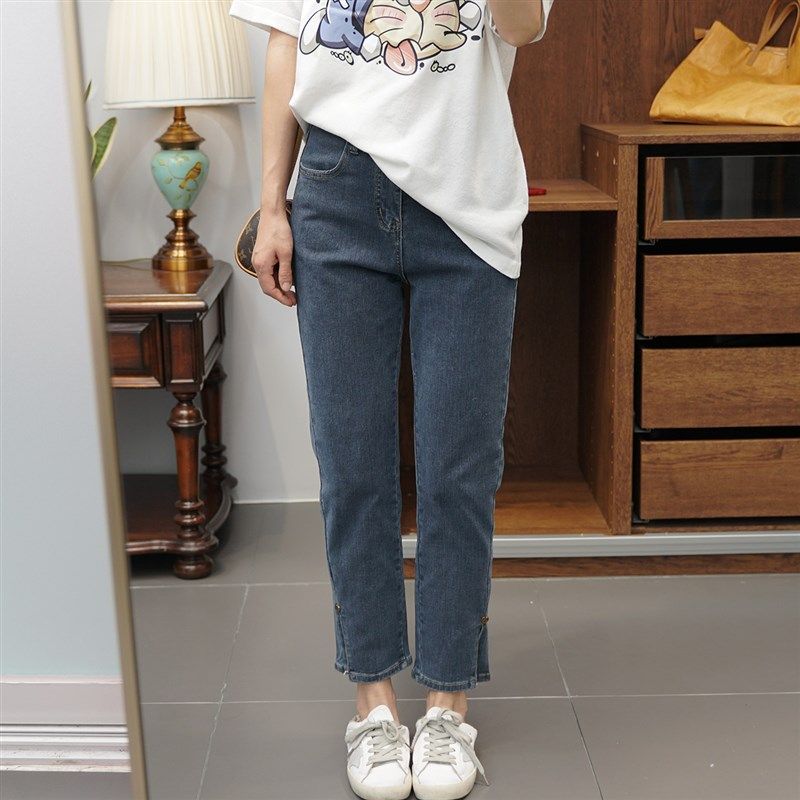200斤高腰开叉牛仔裤 春季新款大码女装显瘦九分宽松休闲潮烟管裤