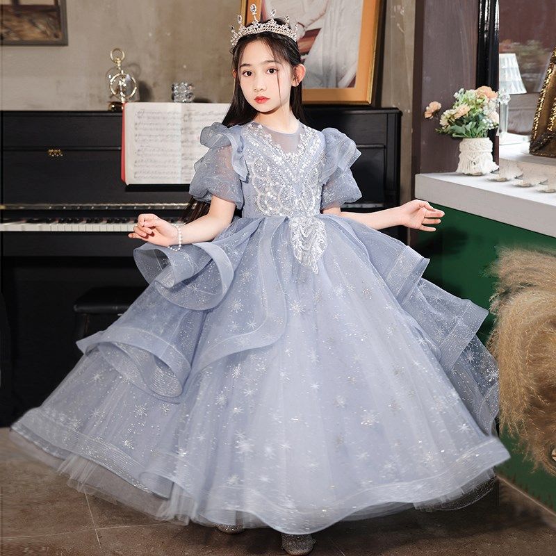 儿童钢琴演奏蓝色公主裙女童生日花童婚纱小女孩主持人高端晚礼服