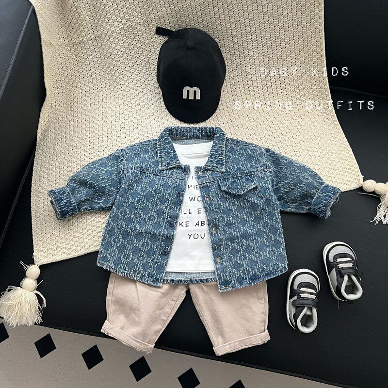 婴幼儿春装衣服男女宝宝春秋新款牛仔衣潮范长袖翻领衬衫外套衬衣