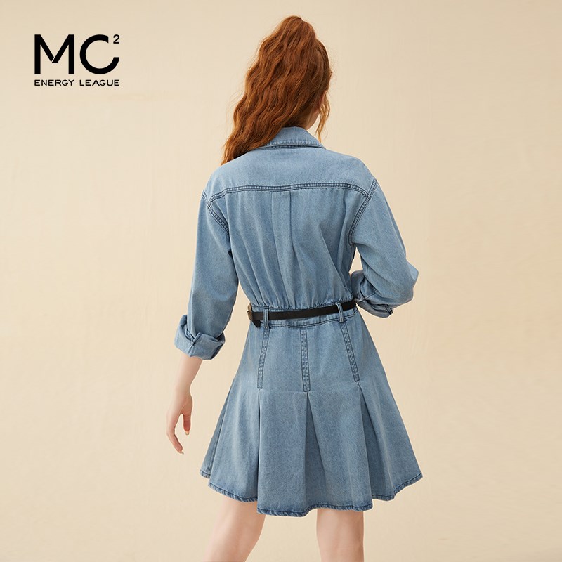 mc2蓝色牛仔连衣裙女2024春秋款复古风收腰显瘦长袖牛仔裙小个子