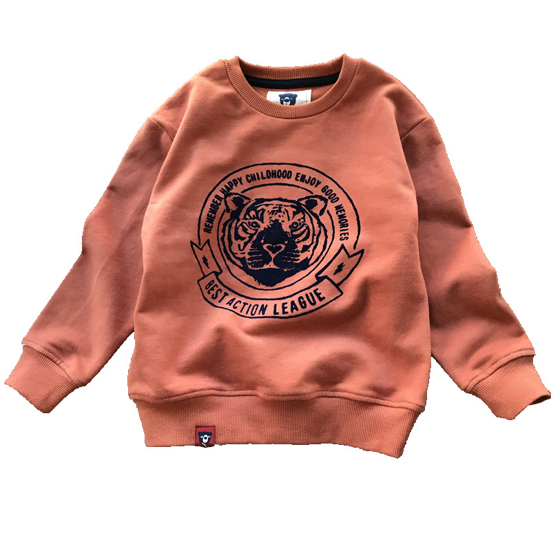 磨毛微起绒。性价比很好的一款套头衫。100-160男童虎头植绒卫衣