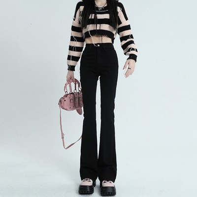 缇勋新款黑色高腰加绒加厚微喇牛仔裤女显瘦薄绒喇叭裤小个子秋冬