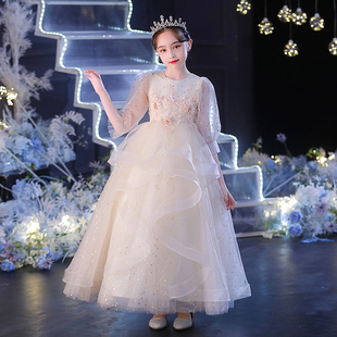 儿童礼服公主裙女童生日香槟色花童婚纱主持人钢琴演出服长袖秋冬