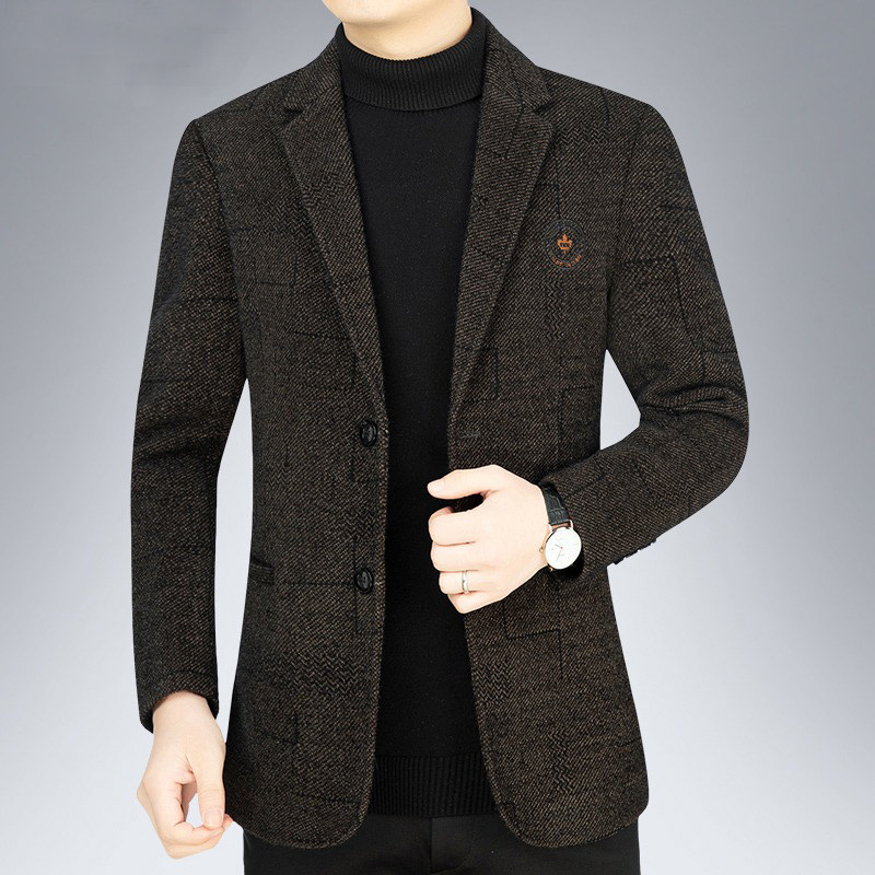 休闲西服男毛呢爸爸秋冬装外套雪尼尔加绒加厚款西装单西夹克免烫