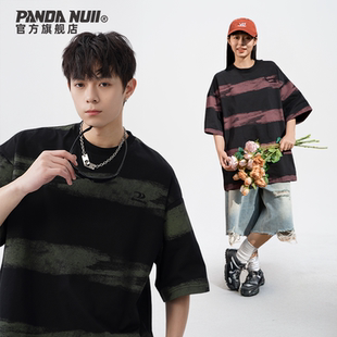 PandaNull美式扎染撞色刺绣条纹短袖夏季男新款潮牌纯棉半袖T恤女