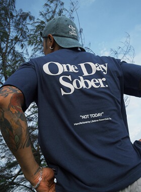 OneDaySober明星同款 立体植绒字母印花美式纯棉宽松T恤情侣短袖