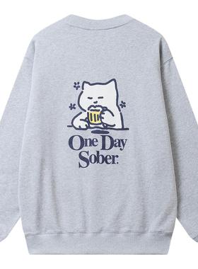 OneDaySober微醺小猫双面印花潮牌圆领卫衣 美式宽松男女情侣新款