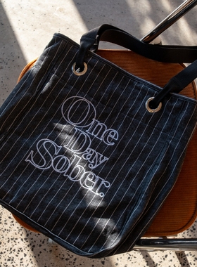OneDaySober 水洗牛仔刺绣托特包 美式复古大容量通勤单肩帆布袋