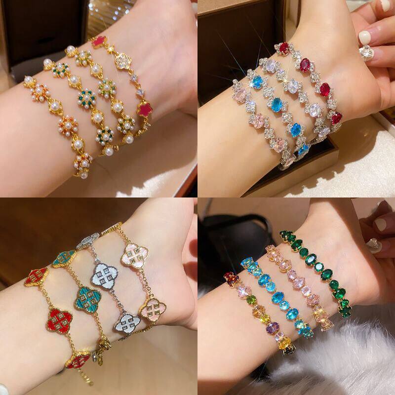 法式日常宫廷风手链18K手饰电镀锆石简约批发手环女百搭真金花朵