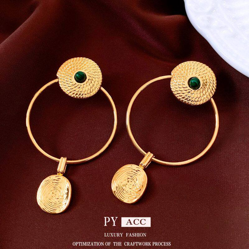 孔雀石银针百搭vintage中古耳饰复古电镀耳环圆形真金耳钉吊坠女