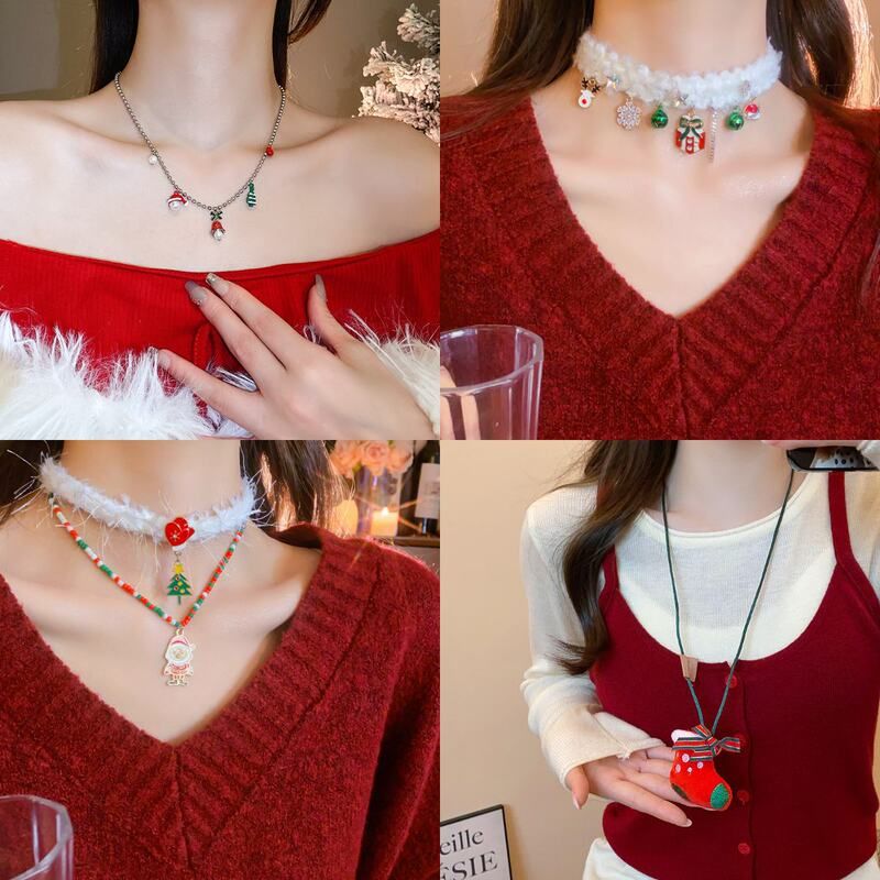 棉花可爱毛绒蝴蝶结圣诞节项链项饰袜子感氛围毛衣链休闲秋冬百搭
