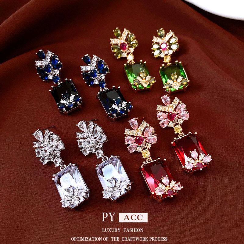 vintage复古耳饰中古吊坠银针高级感精致锆石方形耳钉耳环宫廷风