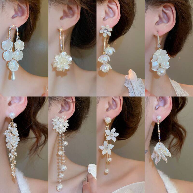 银针花瓣耳钉甜美流苏韩版镶钻