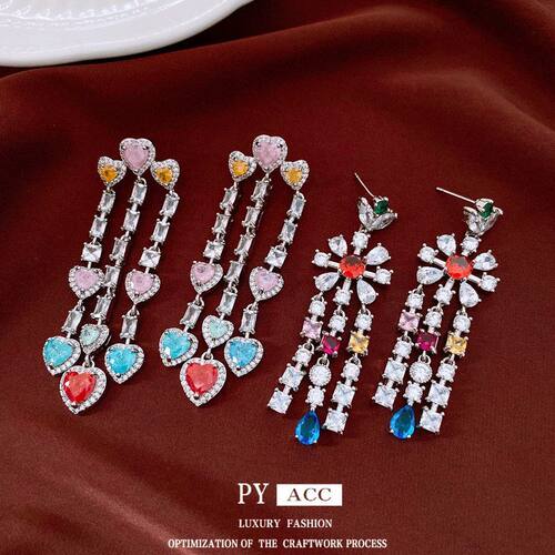 水滴银针vintage耳环高级感中古女锆石轻奢花朵流苏时尚耳饰耳钉