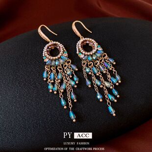锆石耳环高级感椭圆形重工民族风复古流苏耳钩气质耳饰水晶镂空女