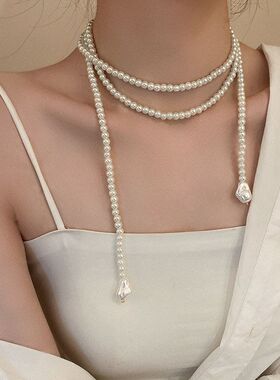 创意长款大门链女东韩国网红法式设计感珍珠项链复古个性锁骨项饰
