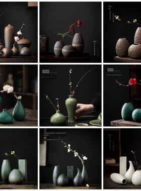 新中式茶室茶桌博古架茶柜摆件禅宗茶道配件覆古风格陶瓷花瓶花器