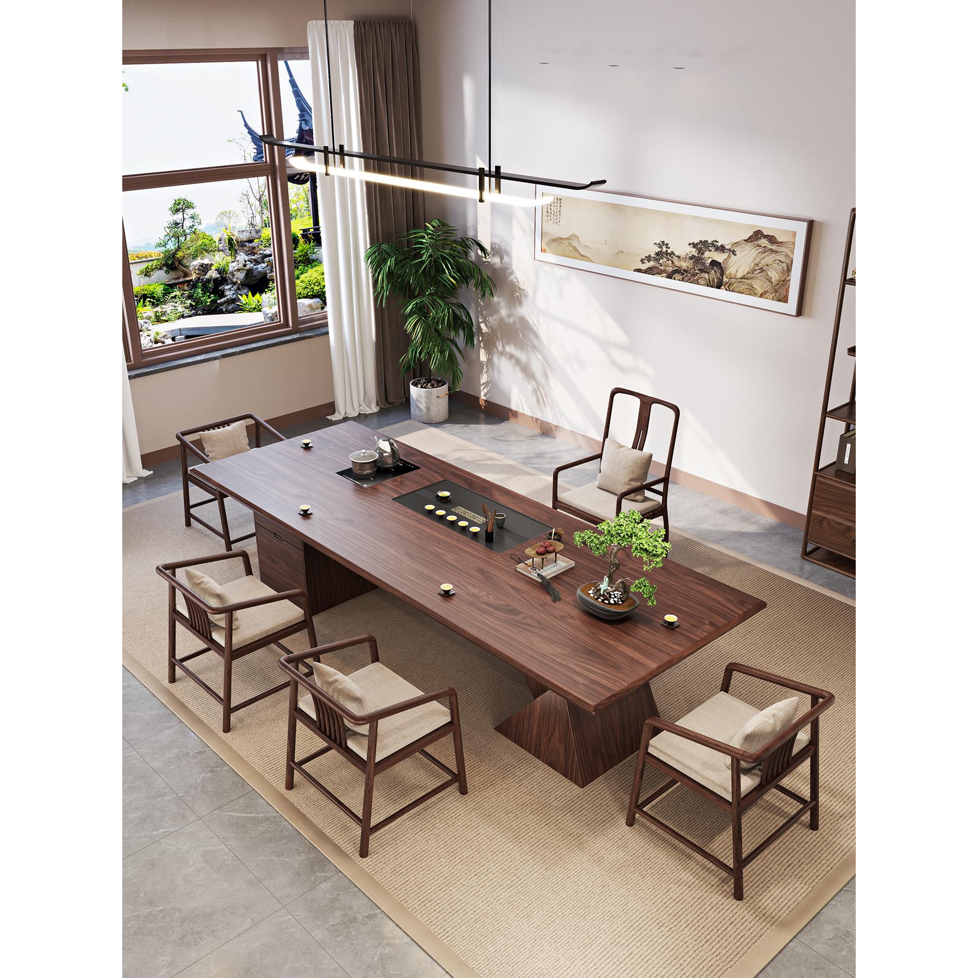 胡桃木茶桌椅组合新中式实木茶台办公家用客厅泡茶烧水茶盘一体