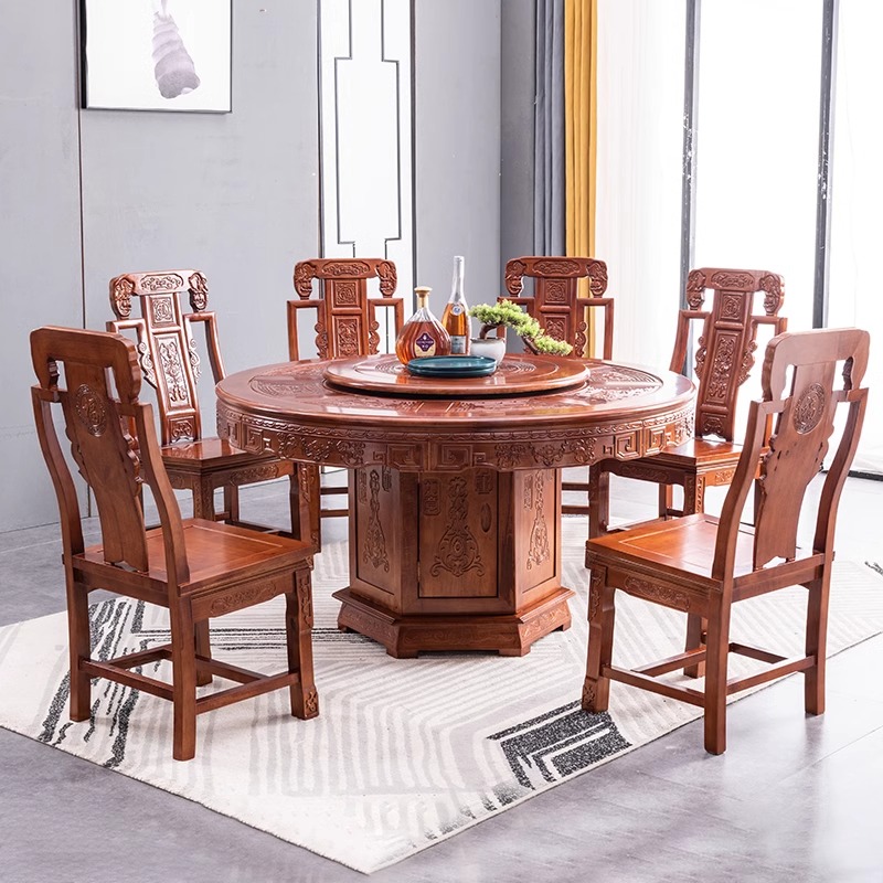 橡胶木实木餐桌椅组合带转盘中式古典雕花大户型圆桌家用吃饭餐桌