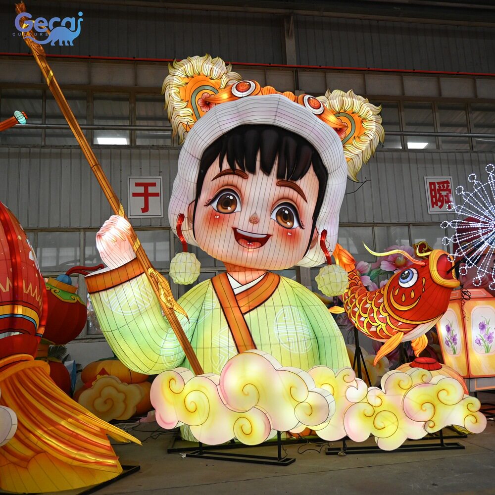 2025蛇年新春灯会年画娃娃福禄寿财神大型花灯灯组自贡厂家