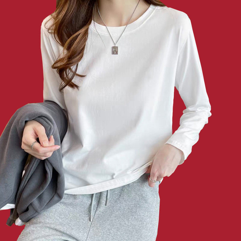 厚款螺纹纯棉长袖t恤基础圆领白色新款上衣秋冬打底衫女内搭磨毛