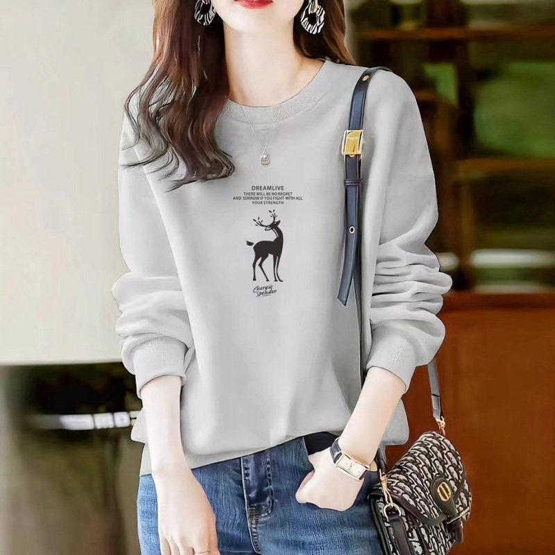 宽松显瘦圆领卫衣女2025秋冬新品韩版长袖套头灰色上衣加绒加厚