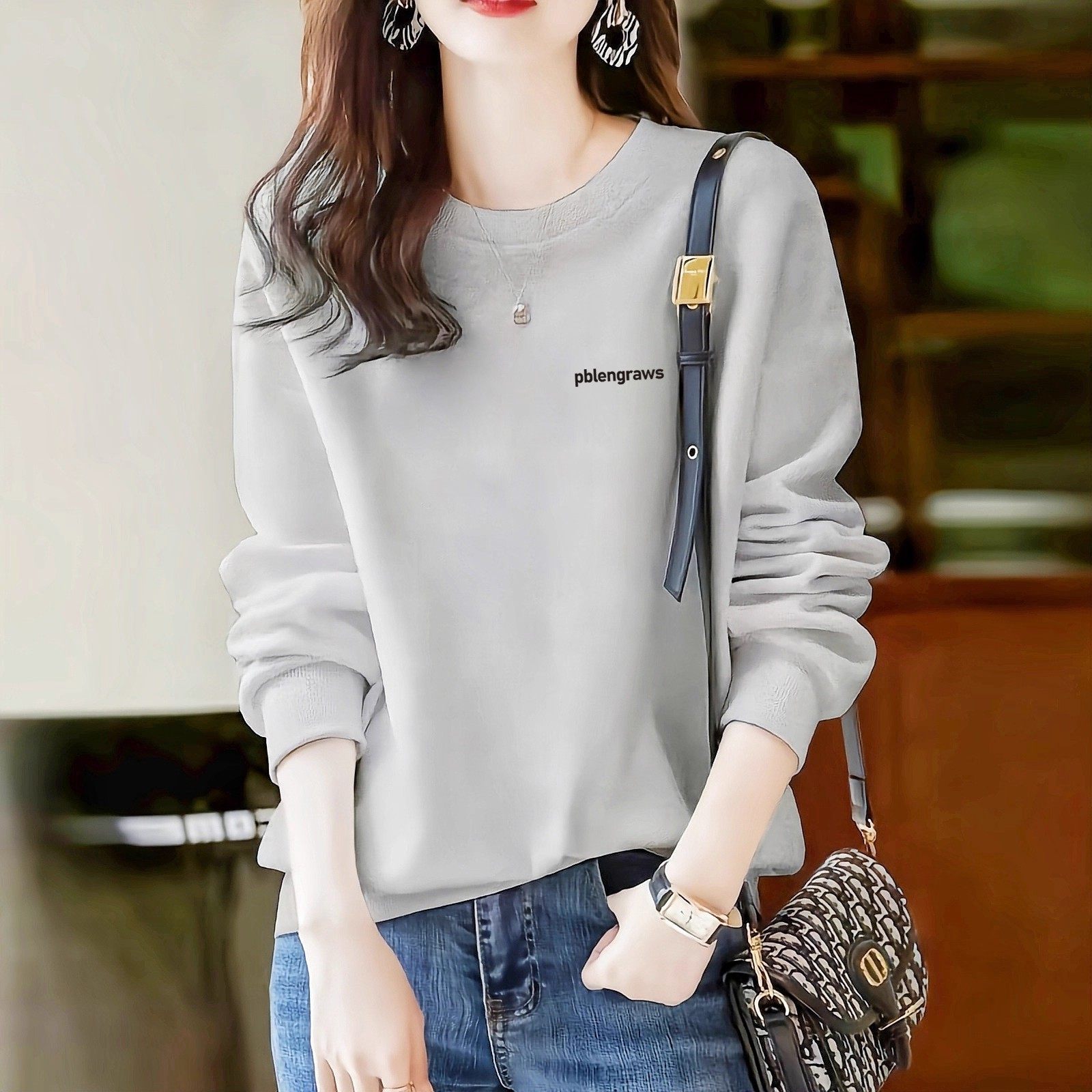 宽松显瘦 灰色圆领卫衣女2025年秋冬新品长袖套头上衣加绒加厚