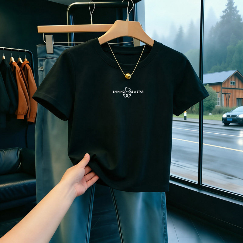 220g重磅纯棉短袖t恤女圆领宽松2025夏季新款小个子黑色正肩上衣