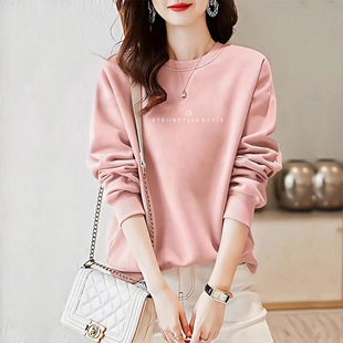 宽松显瘦圆领卫衣女2025年秋冬新品长袖套头白色字母上衣加绒加厚