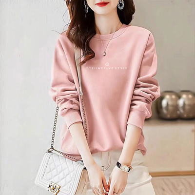 宽松显瘦圆领卫衣女2025年秋冬新品长袖套头白色字母上衣加绒加厚