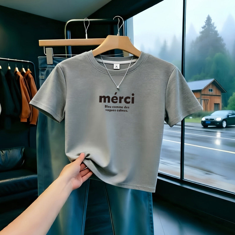 220g重磅纯棉短袖t恤女圆领宽松2025夏季新款小个子灰色字母上衣