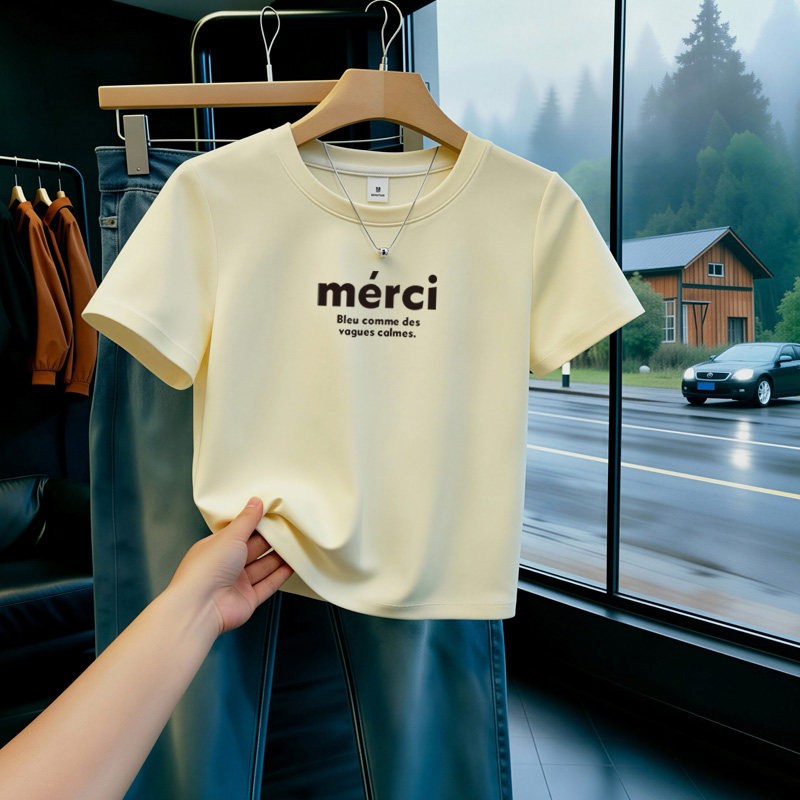 220g重磅纯棉短袖t恤女宽松2025夏季新款小个子奶黄色字母上衣