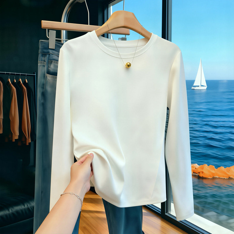 重磅纯棉宽松内搭打底衫女2026年春秋季白色t 恤长袖正肩净色上衣