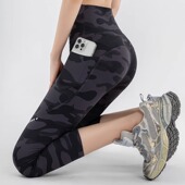 高腰瑜伽健身运动鲨鱼打底裤 七分迷彩双口袋骑行裤 女外穿春夏薄款