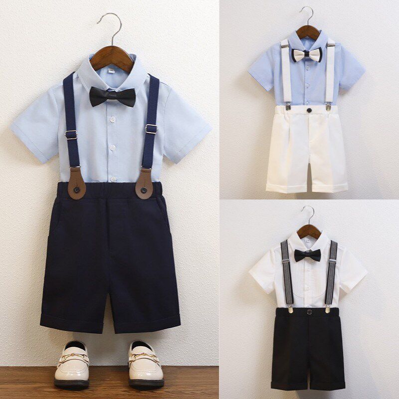 儿童男生小主持人幼儿园毕业礼服装白色礼服套装男童背带裤演出服