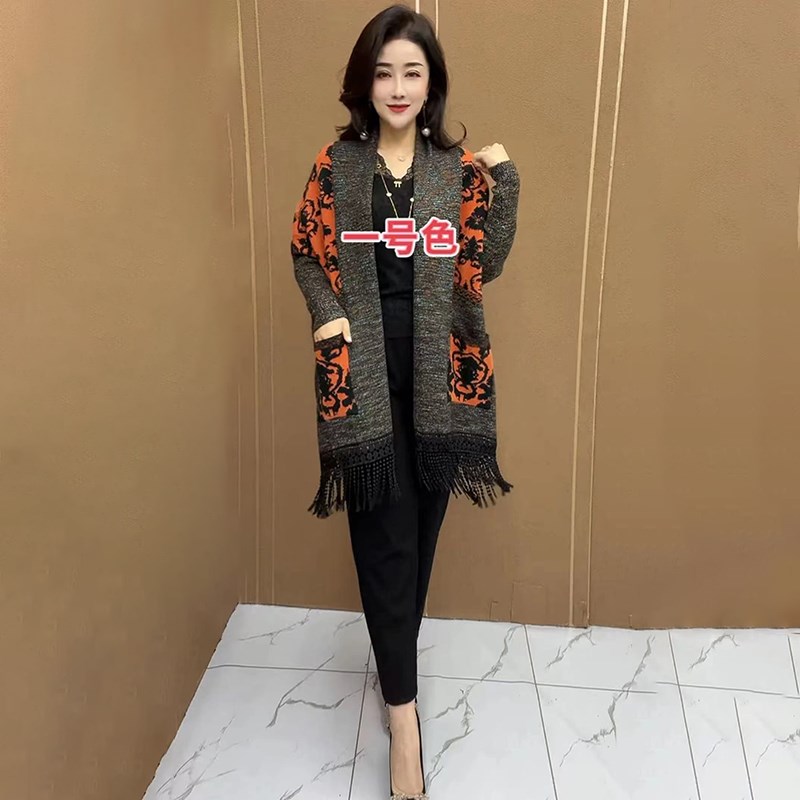 蝙蝠长袖流苏针织开衫女中长款时尚妈妈披肩外套2025秋季新款外搭