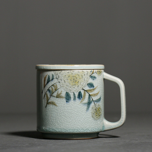 手绘枇杷办公杯复古冰裂开片带盖水杯陶瓷马克杯家用泡茶杯釉下彩