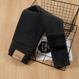 深灰色加绒小脚牛仔裤女2024冬季新款黑色加厚高腰弹力修身铅笔裤