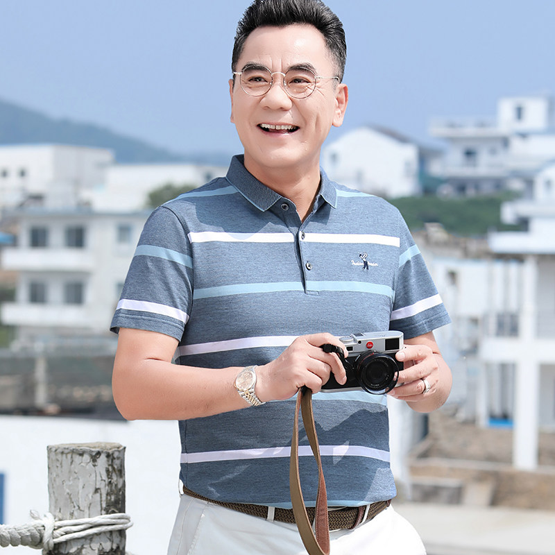 中老年爸爸夏装短袖t恤纯棉透气撞色条纹宽松休闲夏季男士Polo衫