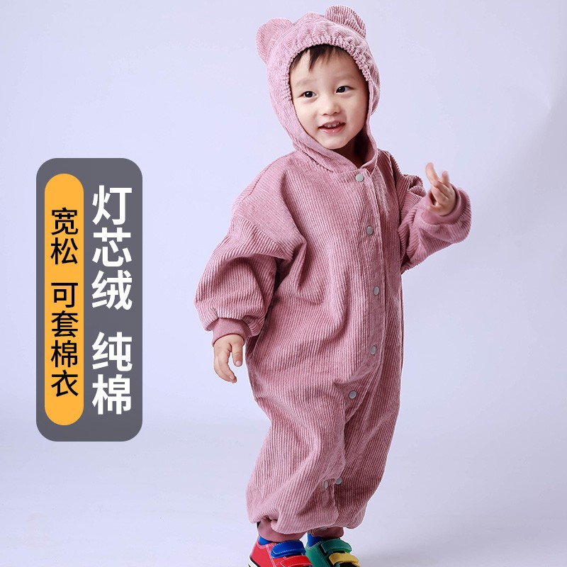 宝宝连体罩衣全身防脏吃饭衣可爱灯芯绒条绒婴儿童画画爬爬服护衣