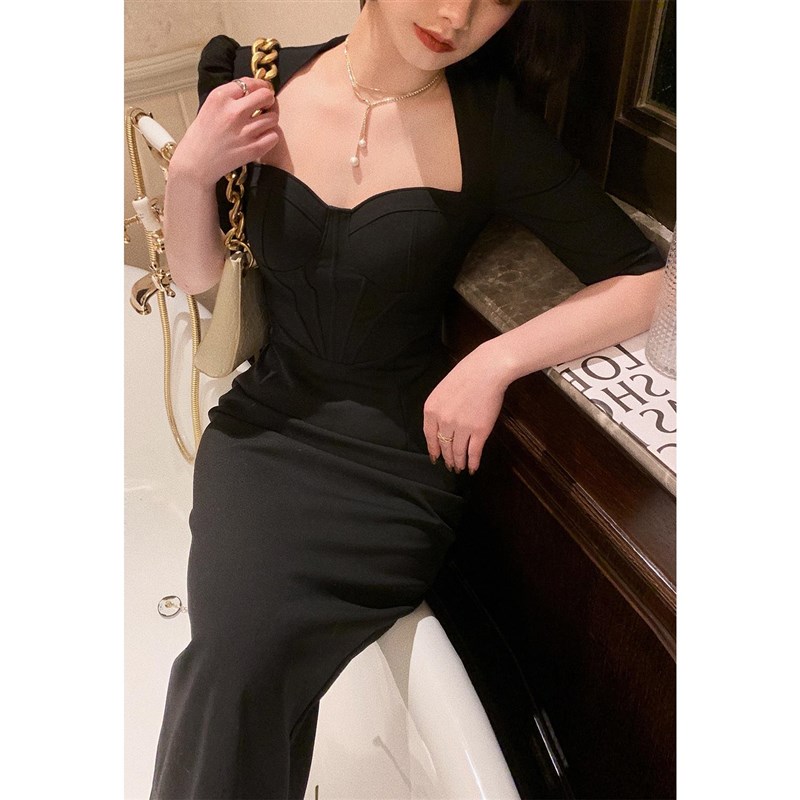 法式港风复古修身长裙鱼骨连衣裙高级感白色小礼服裙轻奢小众高端