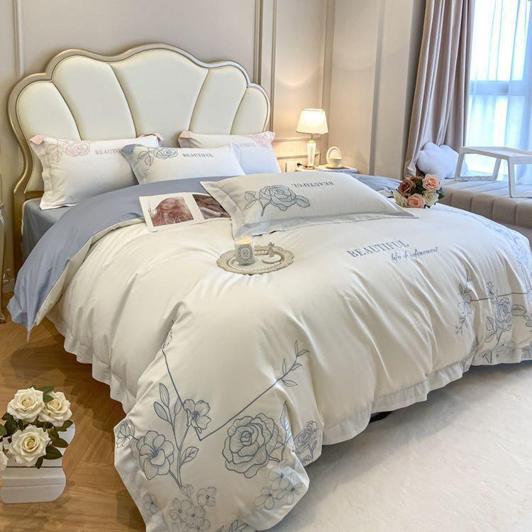 高级感100支长绒棉纯棉床单四件套轻奢全棉刺绣被套床笠床上用品4