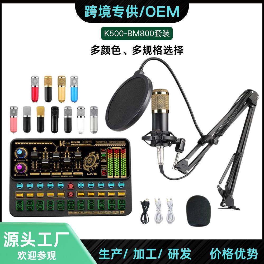 贸易热销SK500声卡英文BM80电容麦克风套装USB声卡直播K歌PC