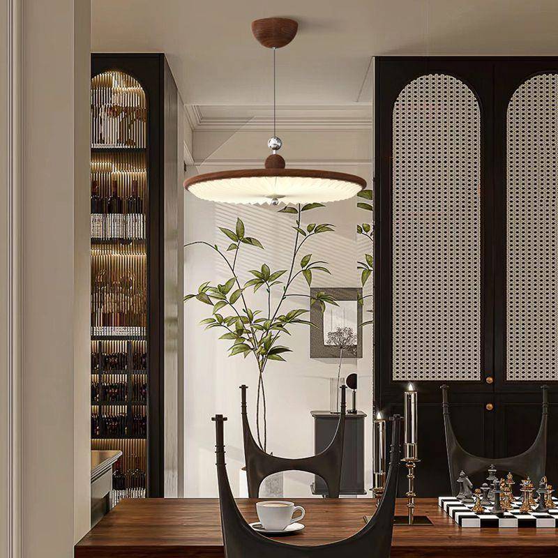 美式复古百褶餐厅灯可调节摇臂吊灯中古风复古胡桃木纹吧台餐桌灯